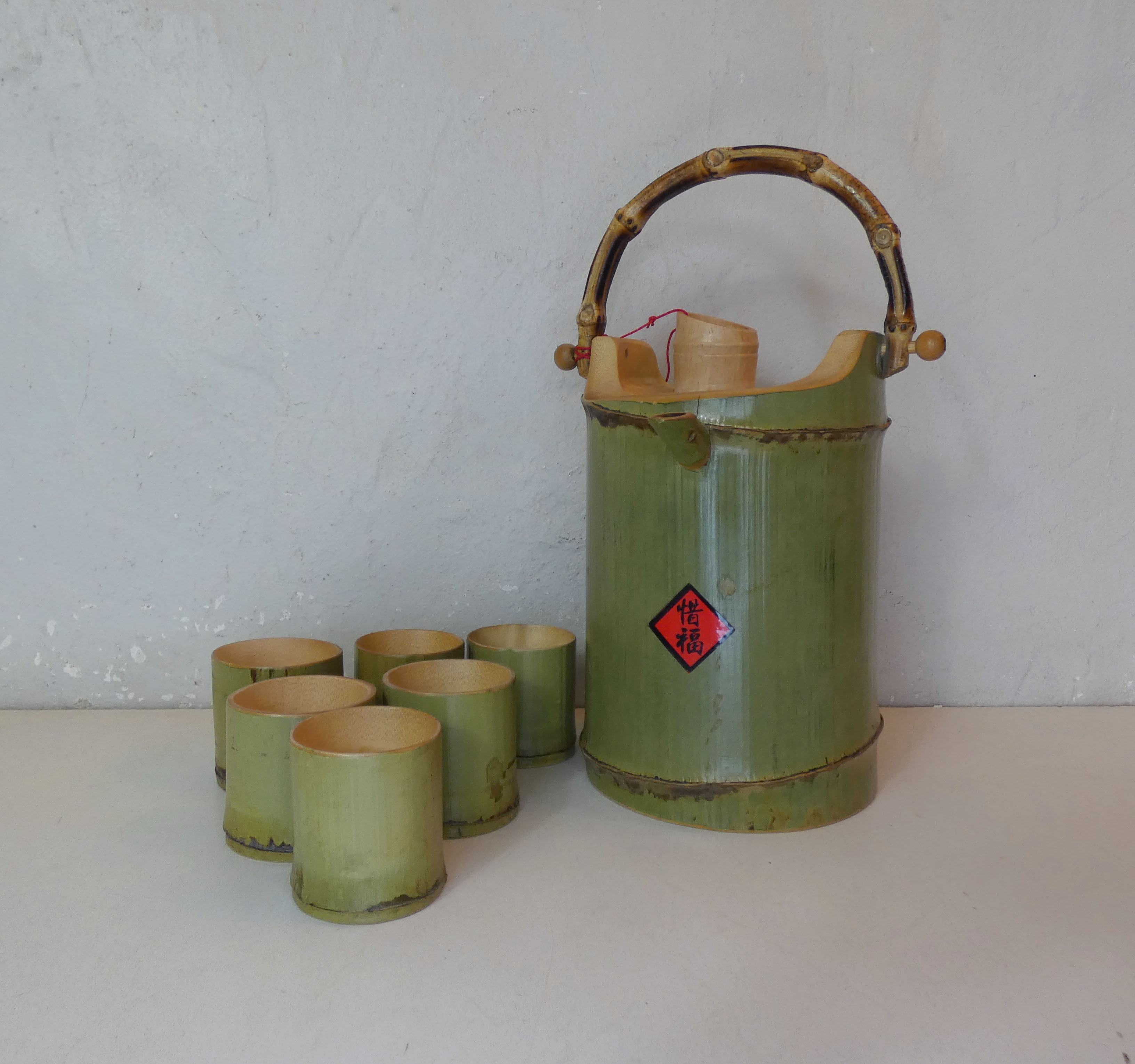 bamboo teapot service and folk art cups