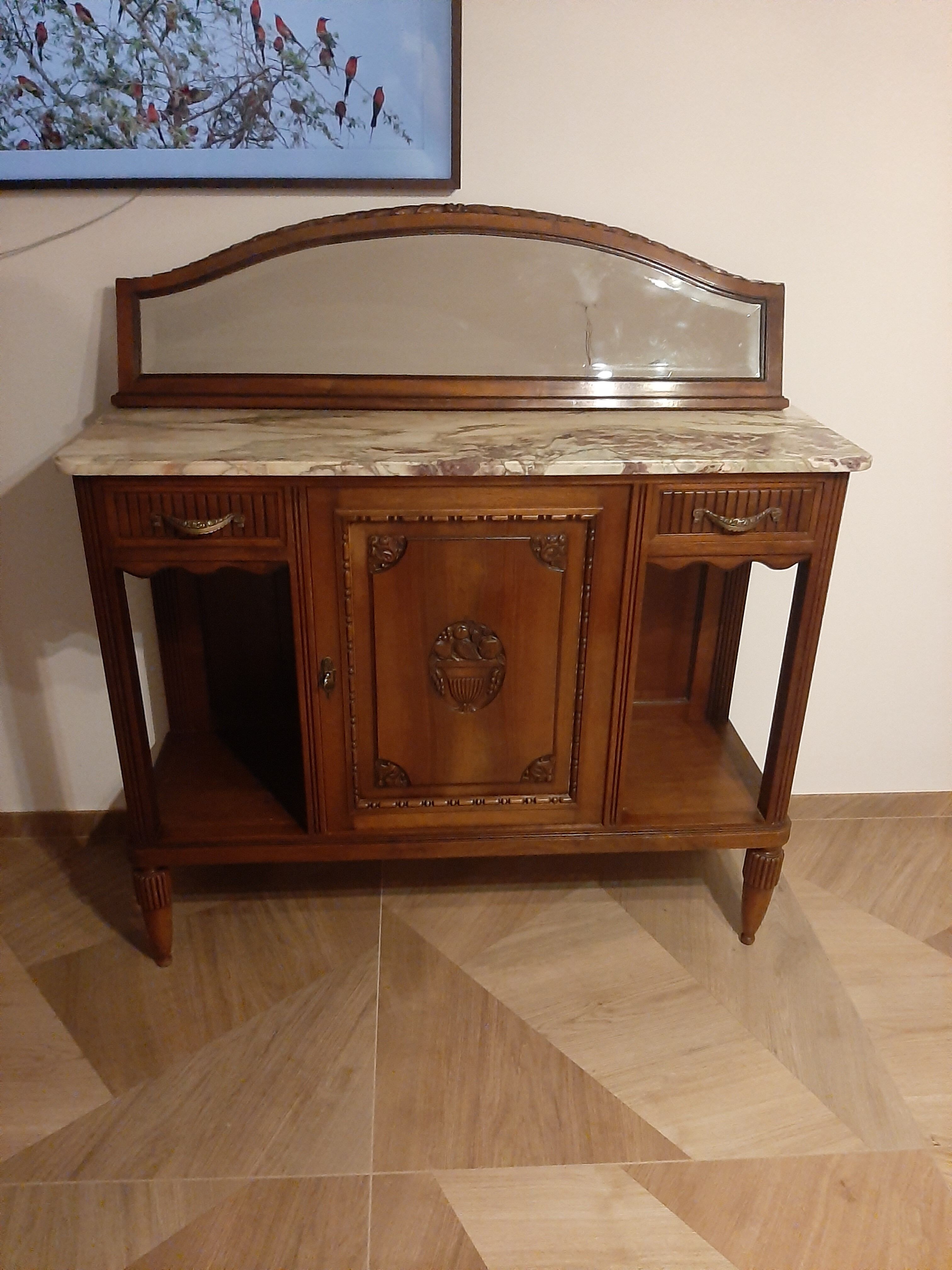 Sideboard - 1920 - art deco - 1 door - 2 drawers - gray marble top