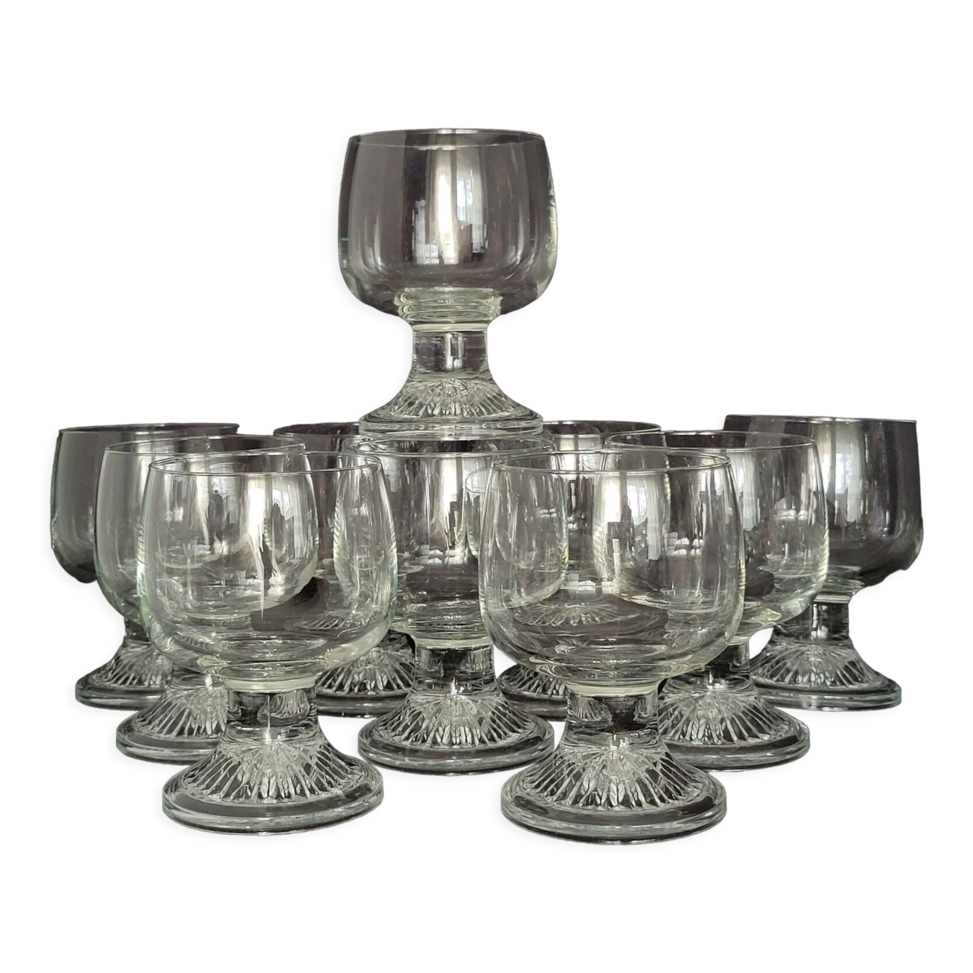 10 vintage stemmed glasses in molded glass