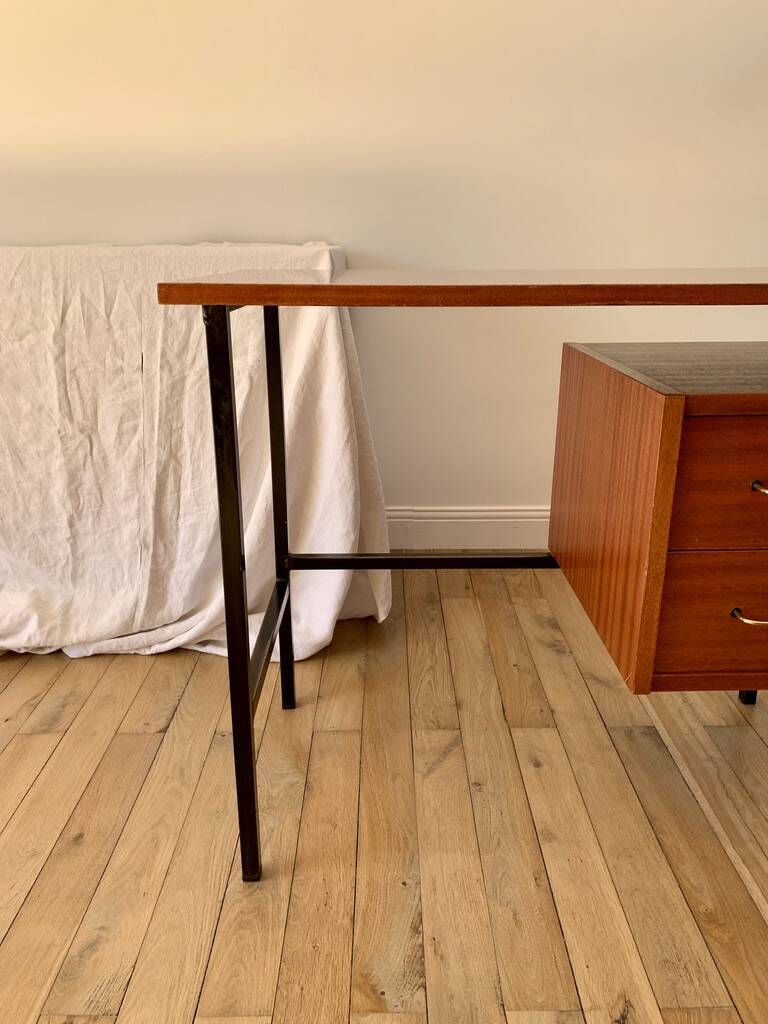 lacquered wood desk and black steel legs design from the 60s and 70s