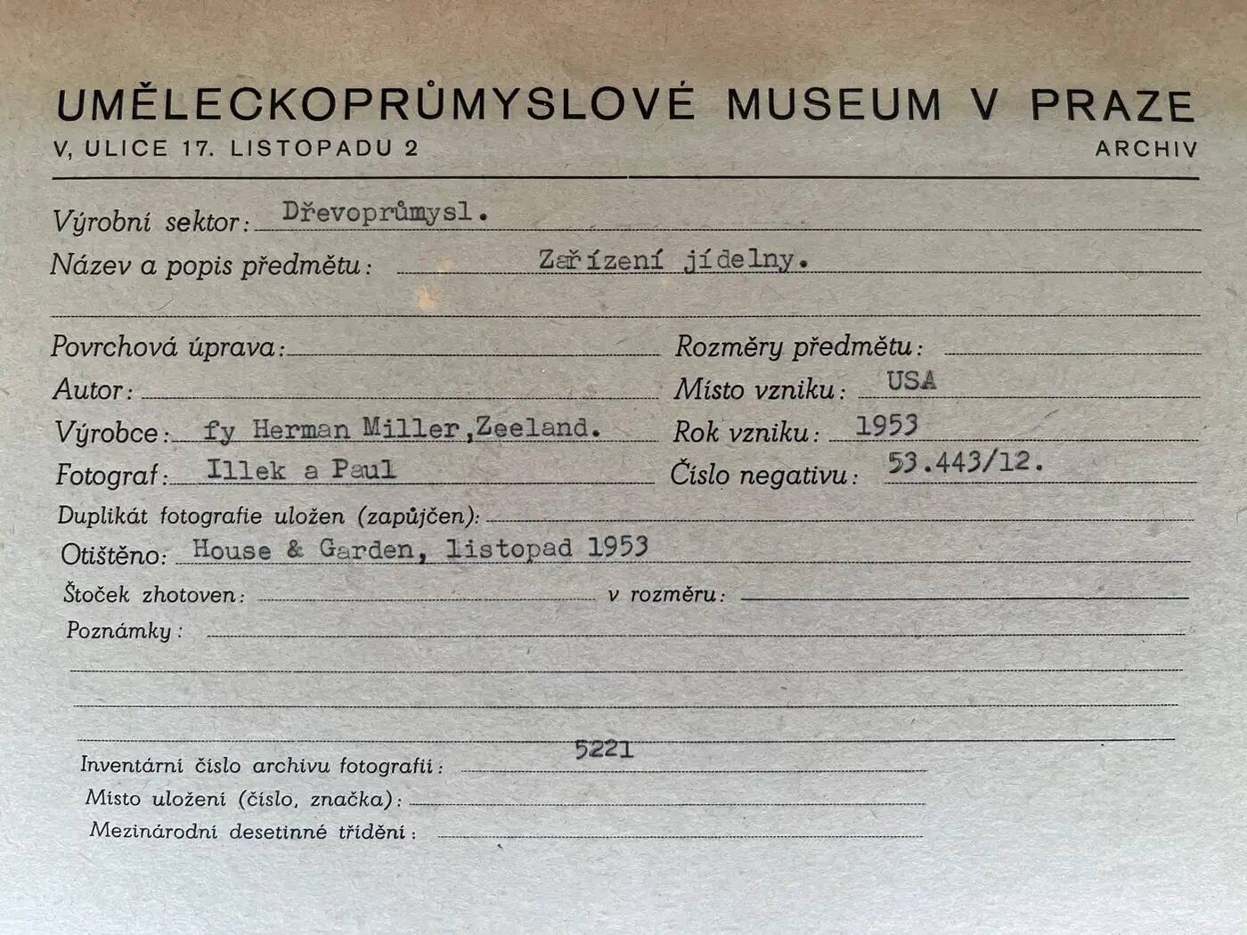 Original photo of furniture / dining chairs by Herman Miller, 1953