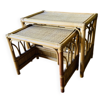 Set of two rattan and wicker nesting tables
