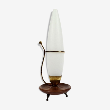 Opaline glass brass and wood table lamp 1950 s