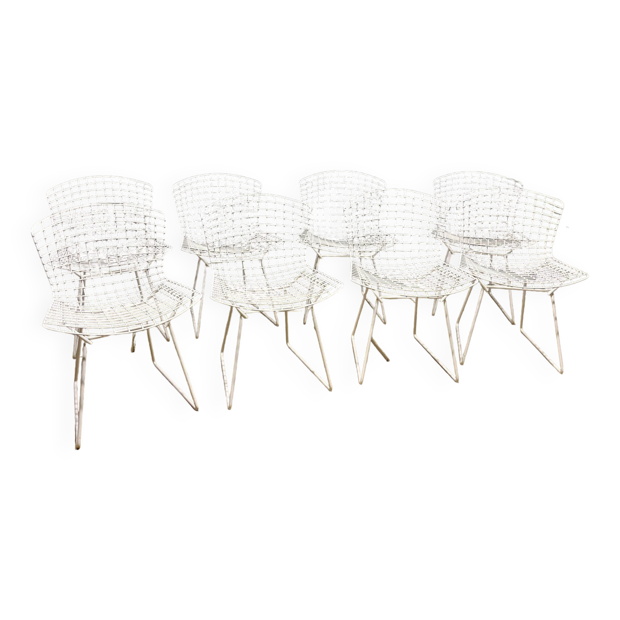 8 Chaises vintages Harry Bertoia Wire en maille de der Laqué Blanc Knoll