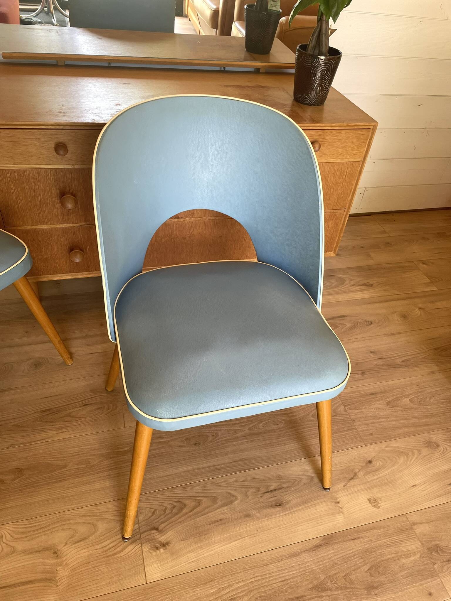 Vintage 1950s Chair Pair – Blue Faux Leather & Compass Legs (Guaric Style)