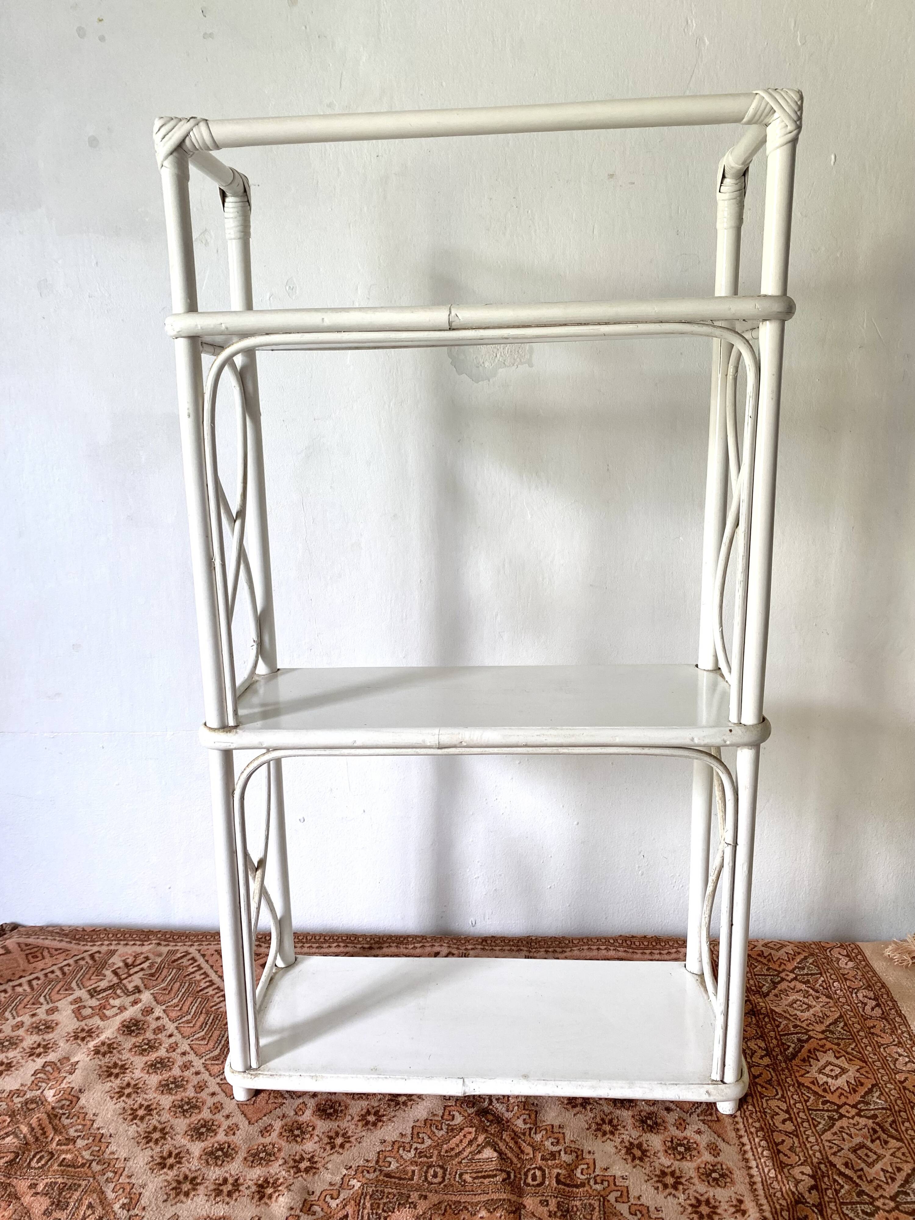 Vintage white lacquered rattan shelf