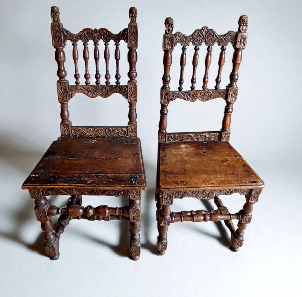 Rare pair of carved chairs, Italian manufacture from the 17th century