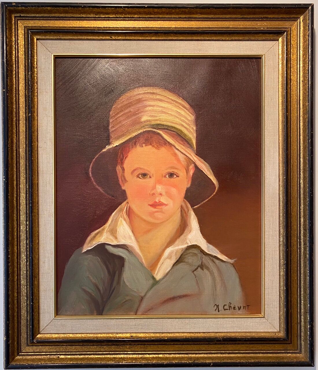 Portrait of the boy in the straw hat 70s/80s, signed