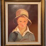 Portrait of the boy in the straw hat 70s/80s, signed