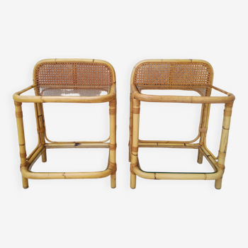 Pair of vintage rattan and glass bedside tables