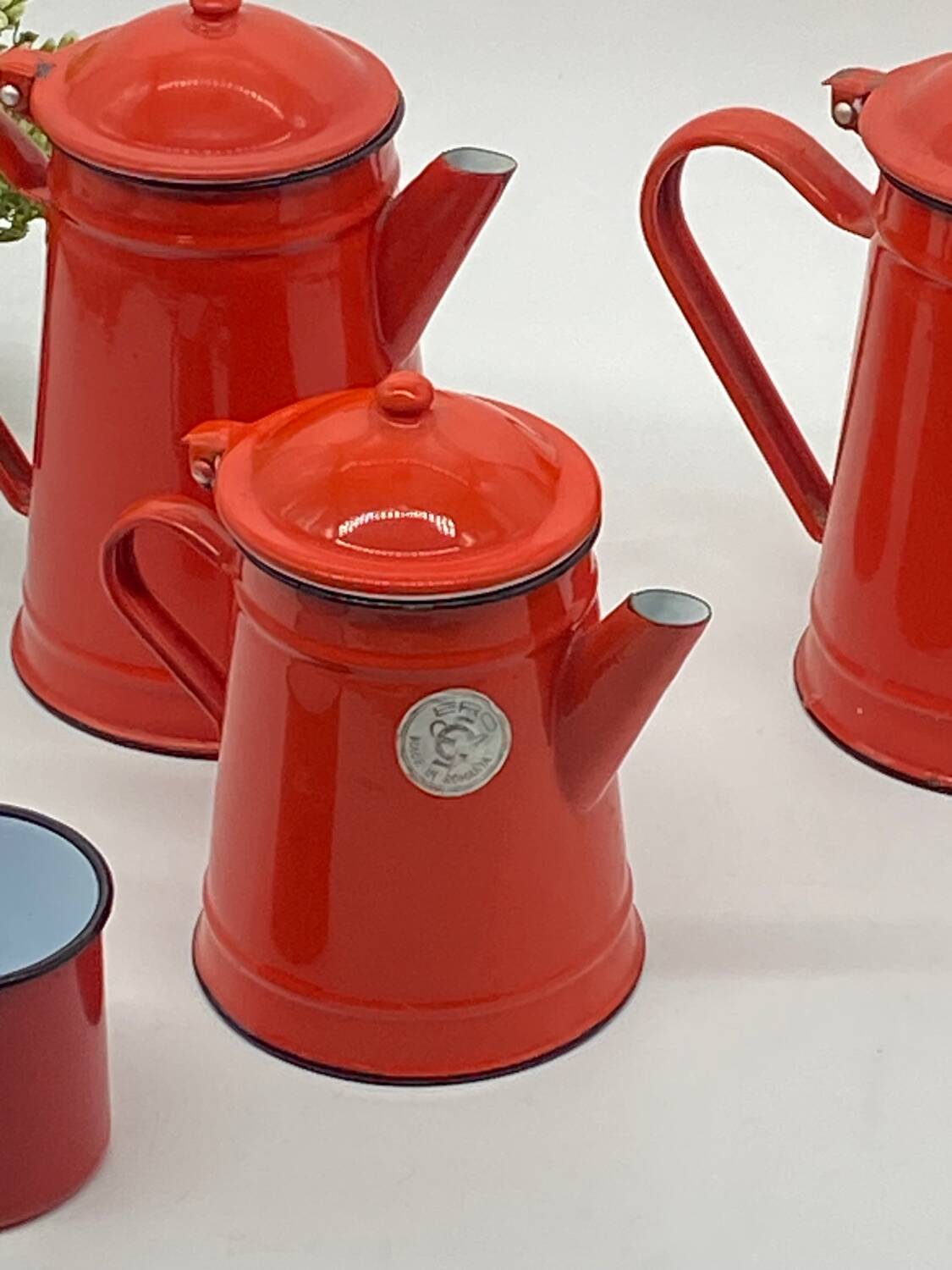 Set of red/white enameled metal coffee makers, vintage