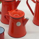 Set of red/white enameled metal coffee makers, vintage