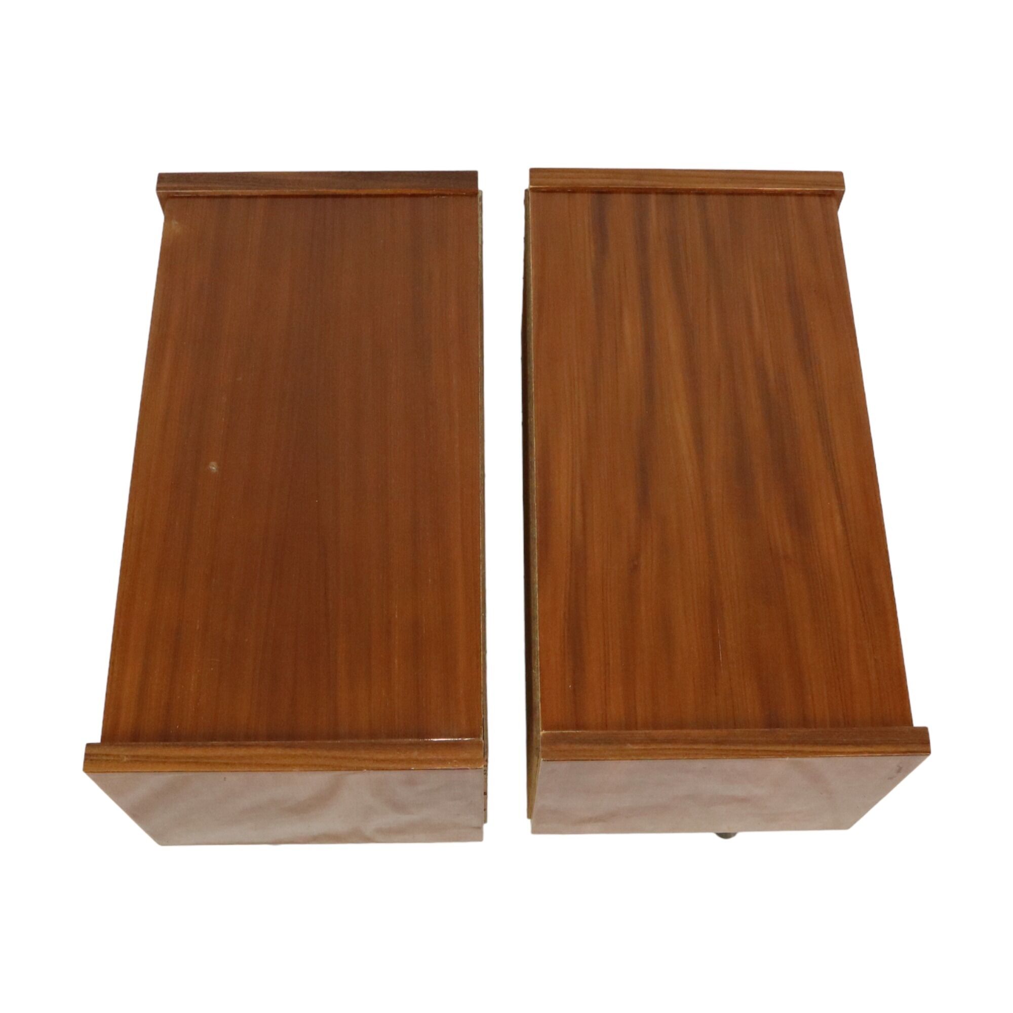 Pair of vintage wooden bedside tables hinged door conical 1960s design
