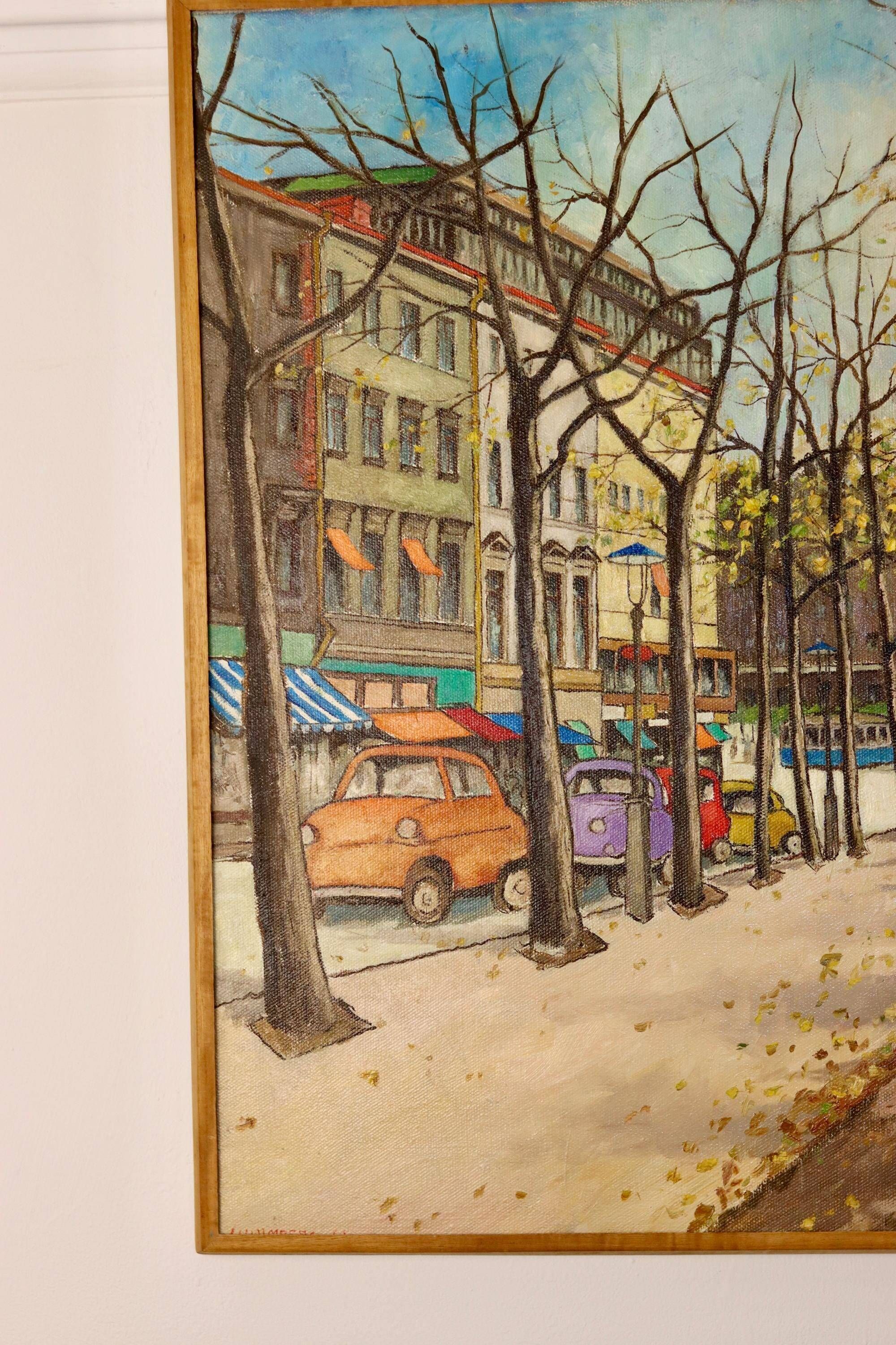Vintage Large Modernist Original  Oil on Canvas" City Idyll" by - Vintage & Framed
