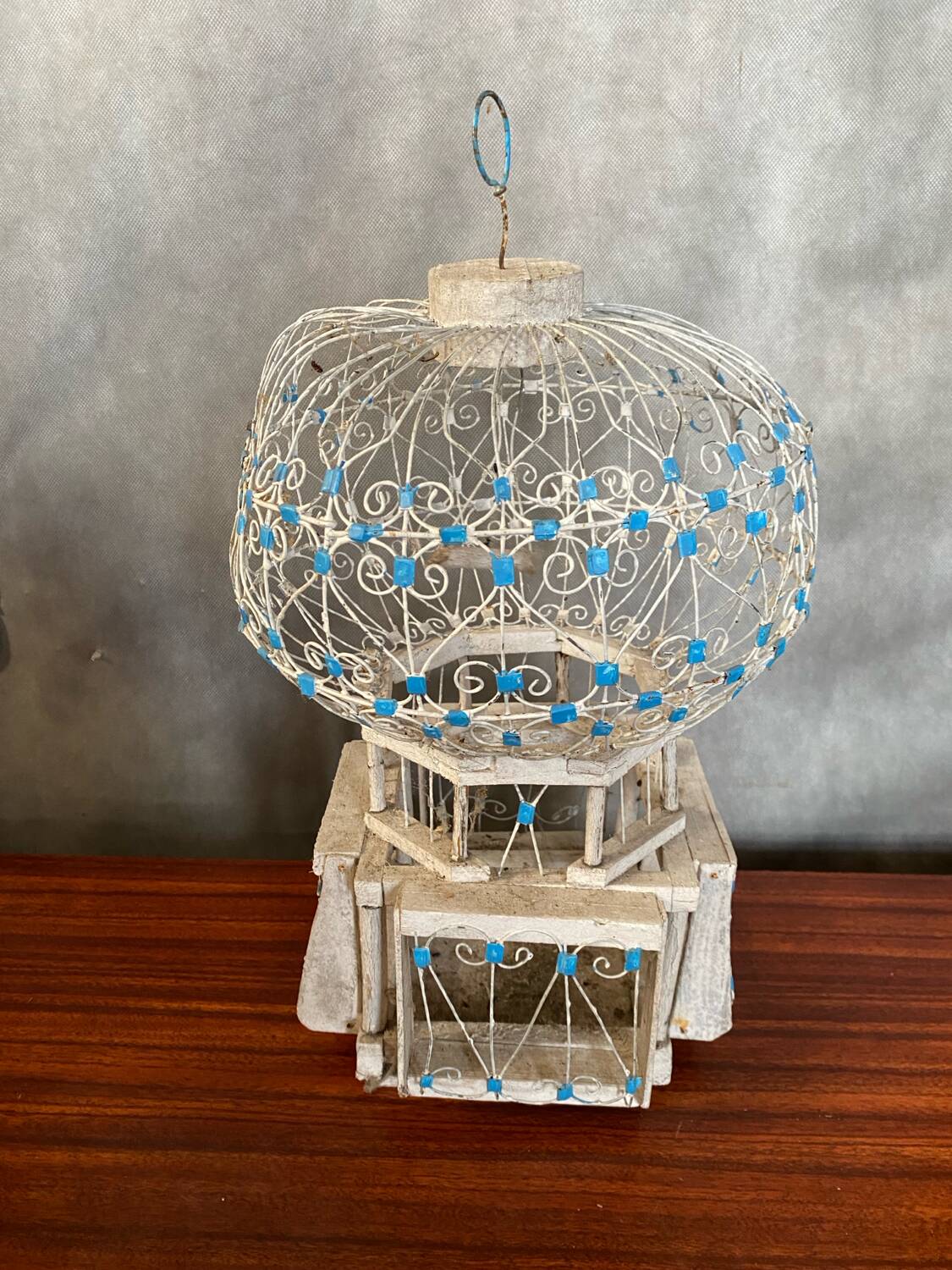 Old Bird Cage Hot Air Balloon Wood + Metal White Blue Vintage Deco