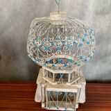 Old Bird Cage Hot Air Balloon Wood + Metal White Blue Vintage Deco