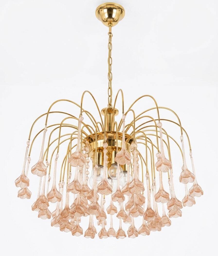 Vintage chandelier rain gold with handmade Murano glass pink flowers.