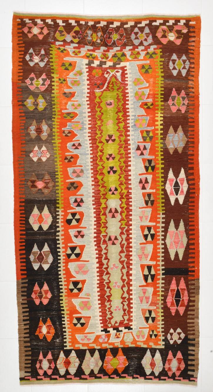 4x8 Multicolor Geometric Style Kilim Rug, 129x255 Antique Decor