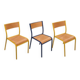 Vintage school chair trio – Coloured metal structure in yellow & blue