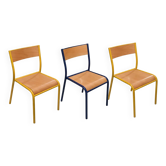 Vintage school chair trio – Coloured metal structure in yellow & blue