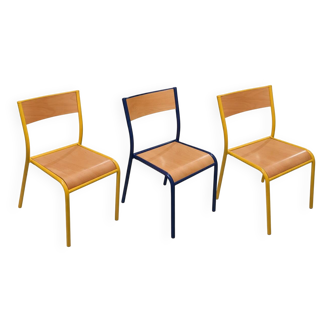 Vintage school chair trio – Coloured metal structure in yellow & blue
