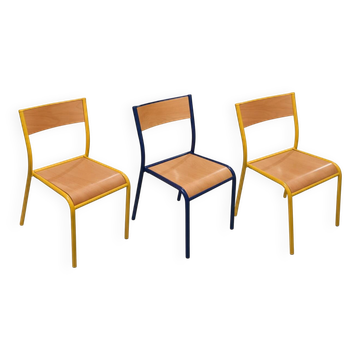 Vintage school chair trio – Coloured metal structure in yellow & blue