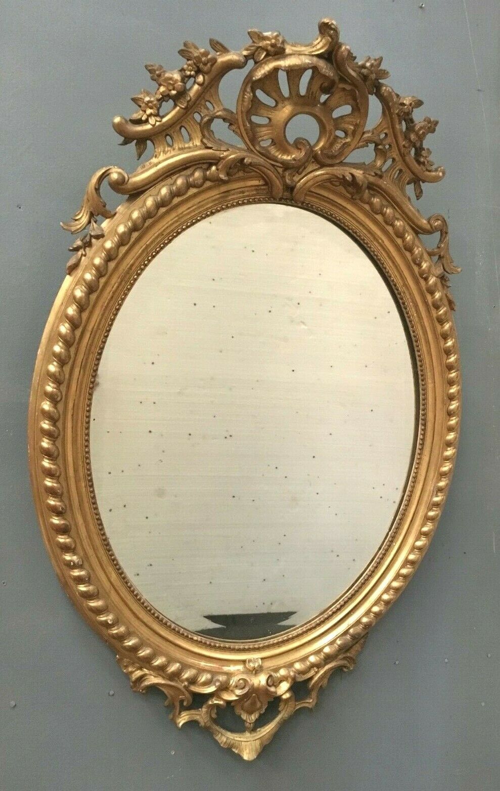 Oval mirror with wooden pediment and gilded stucco oval ice beveled Napoleon III - 80x120cm