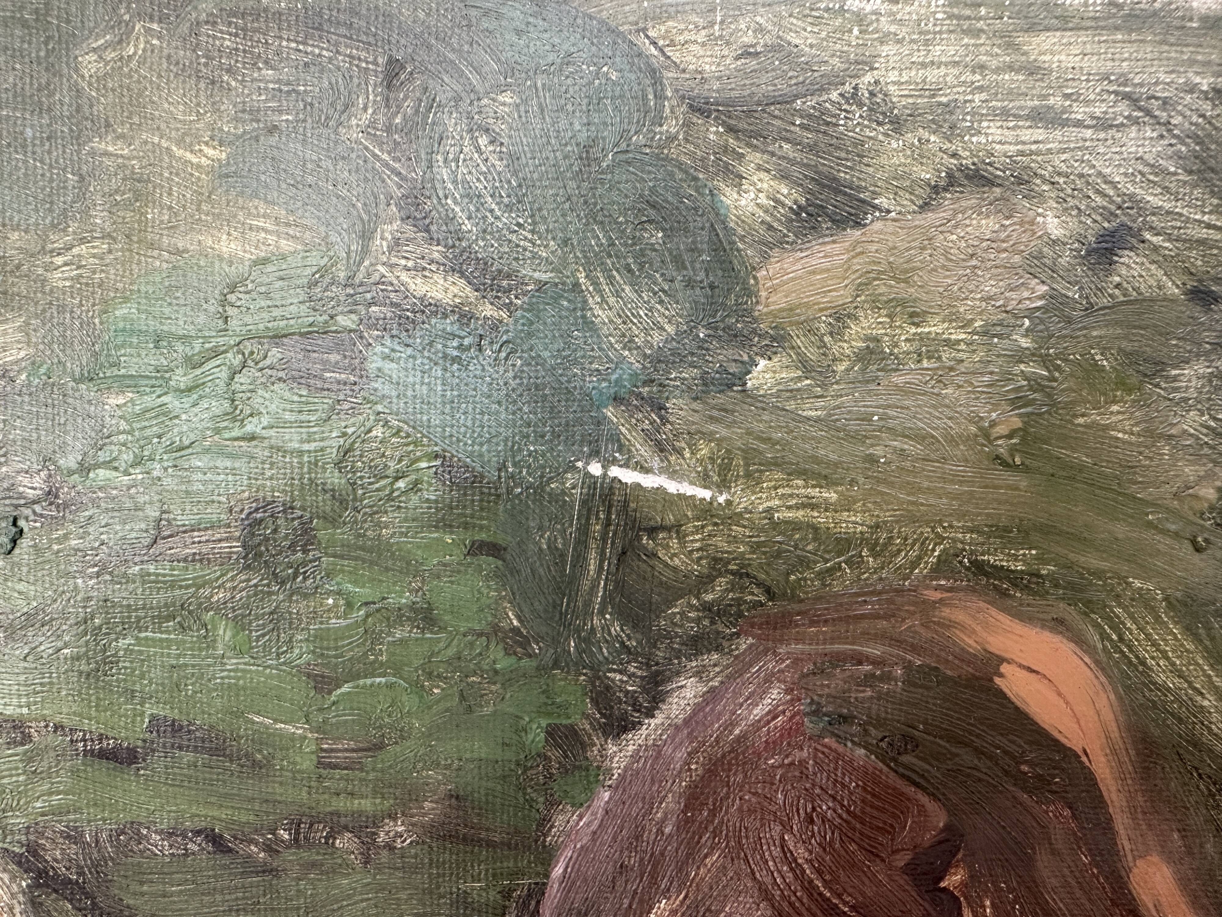 Old oil painting on canvas "The Haystacks" dated 1902.