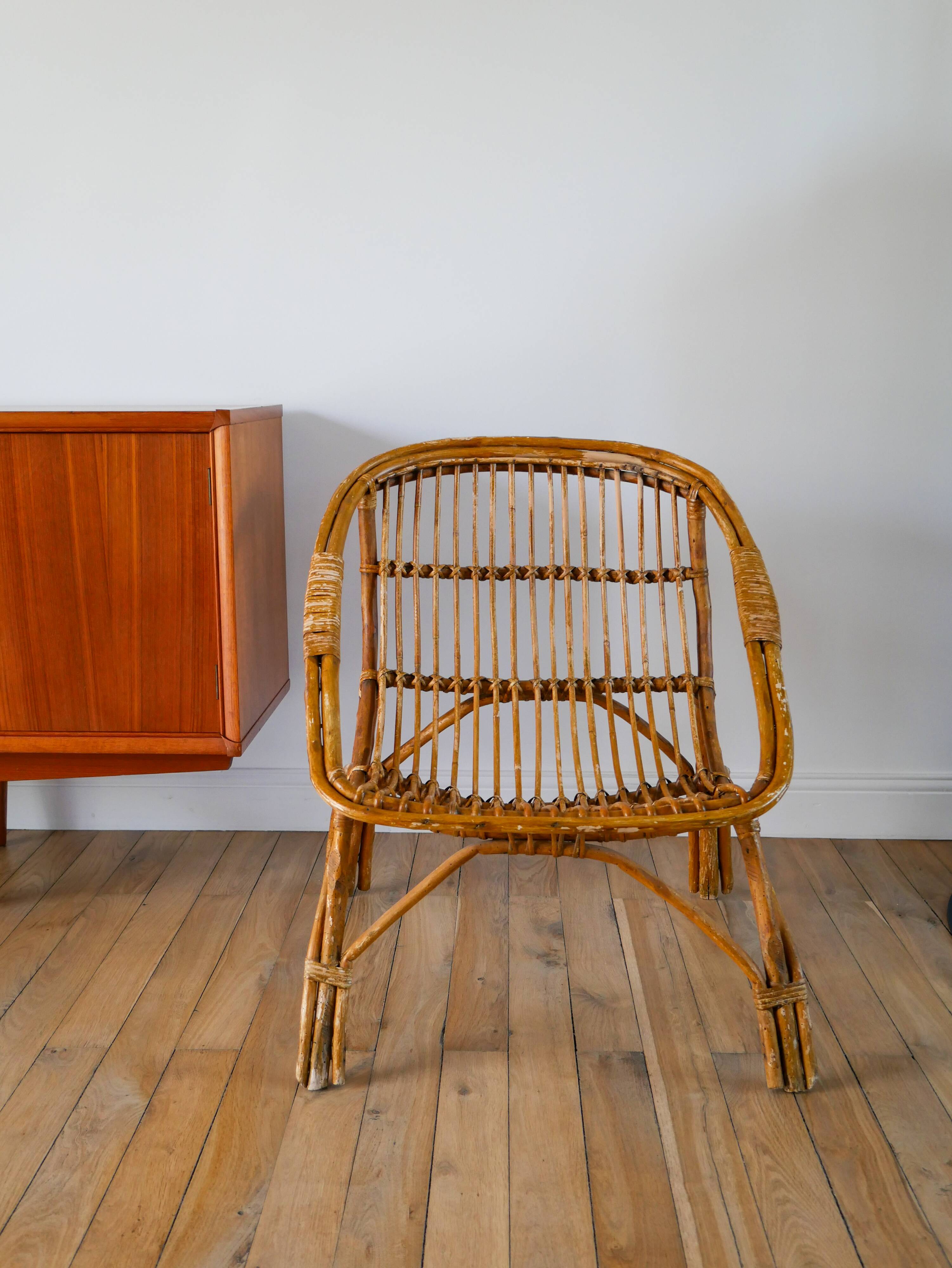 Shell armchair in rattan and bamboo, early 20th century