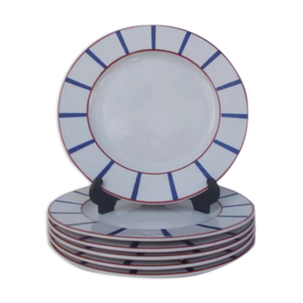 6 flat basque porcelain blue and red plates