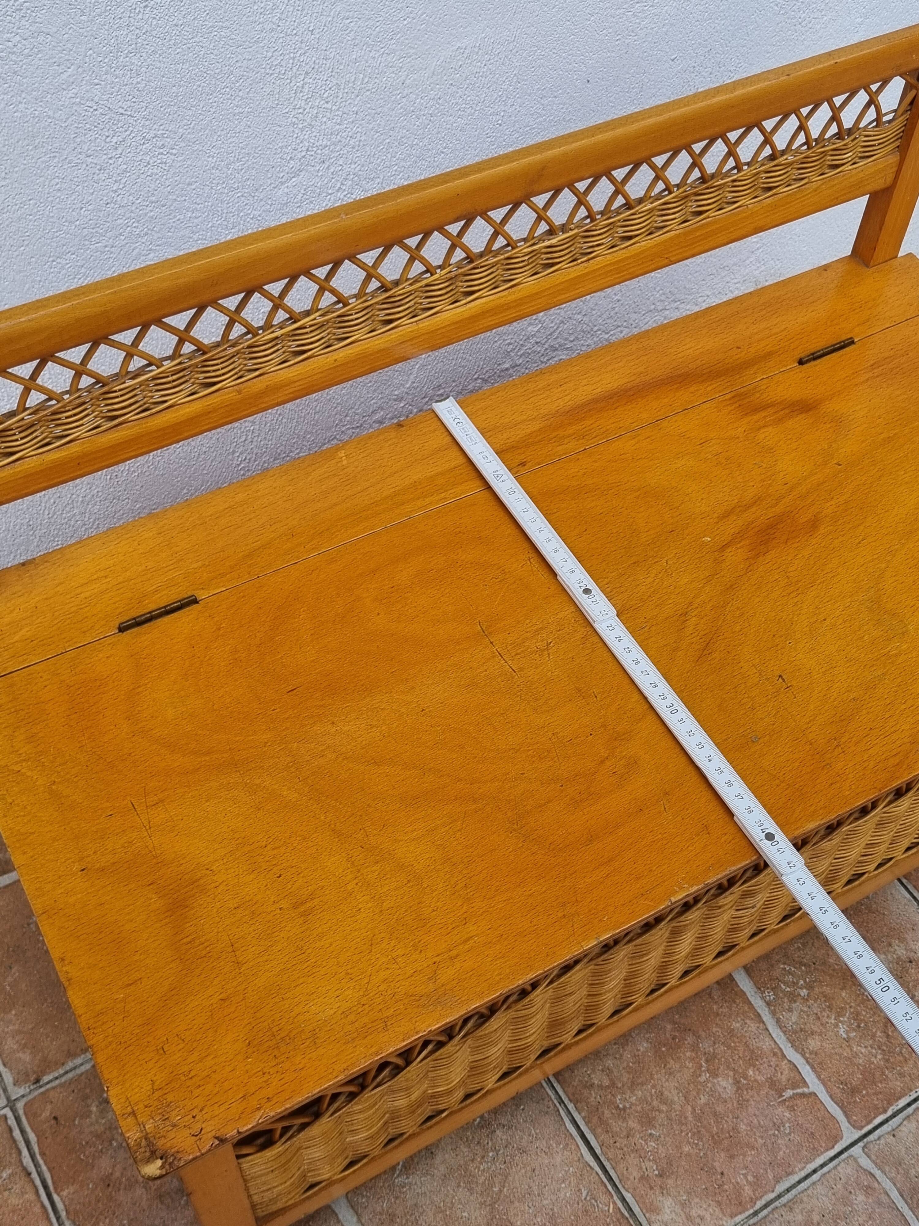 Vintage wooden bench with caning and woven rattan, 1960s-70s.