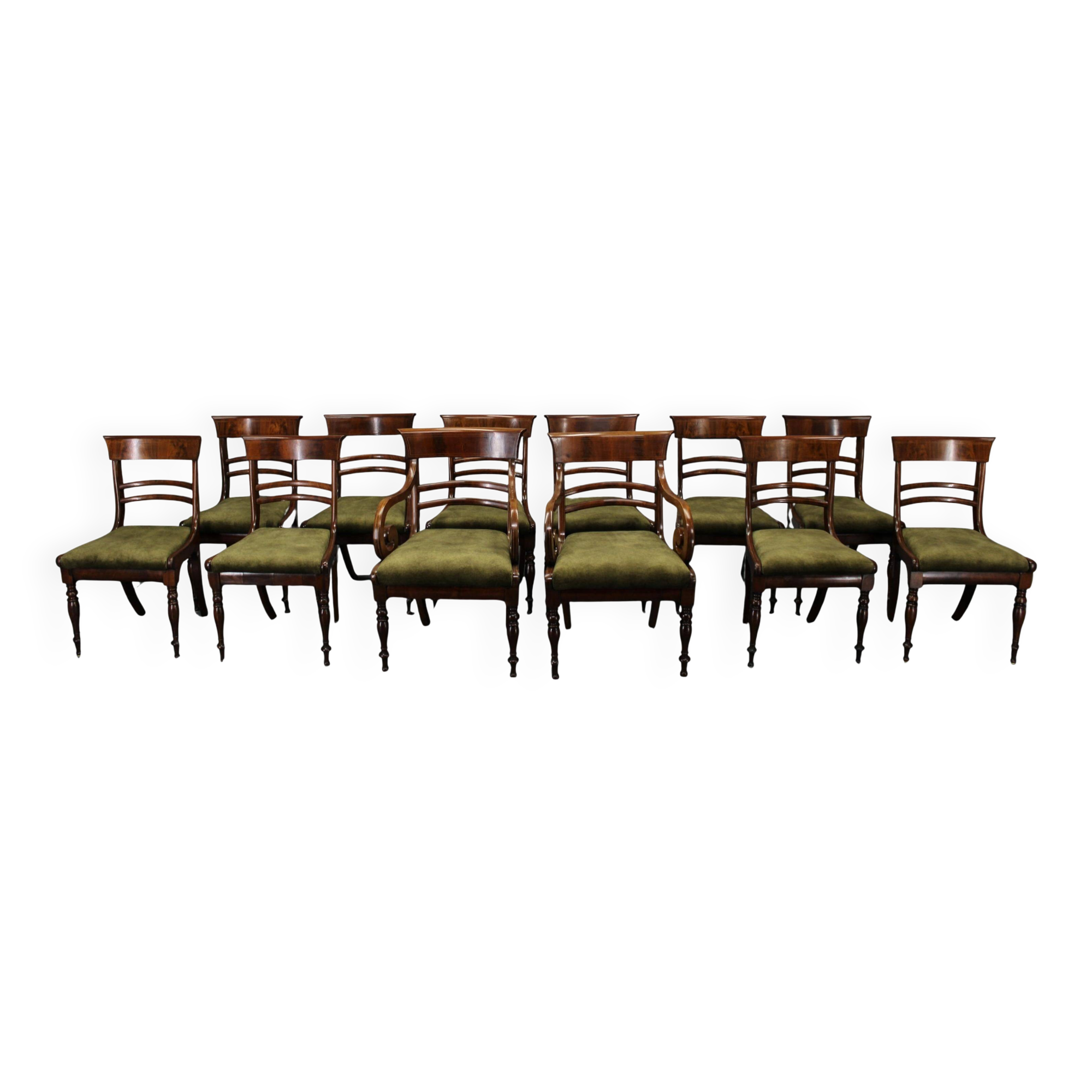 French Art Deco walnut dining chair set with armchairs, France 1930s