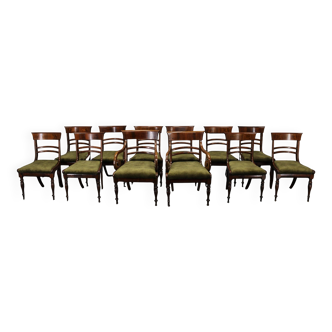 French Art Deco walnut dining chair set with armchairs, France 1930s