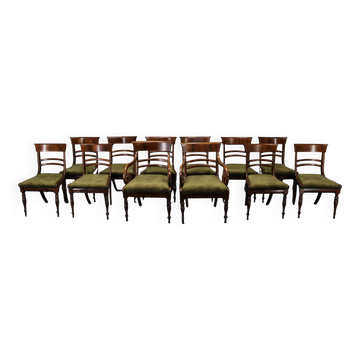 French Art Deco walnut dining chair set with armchairs, France 1930s