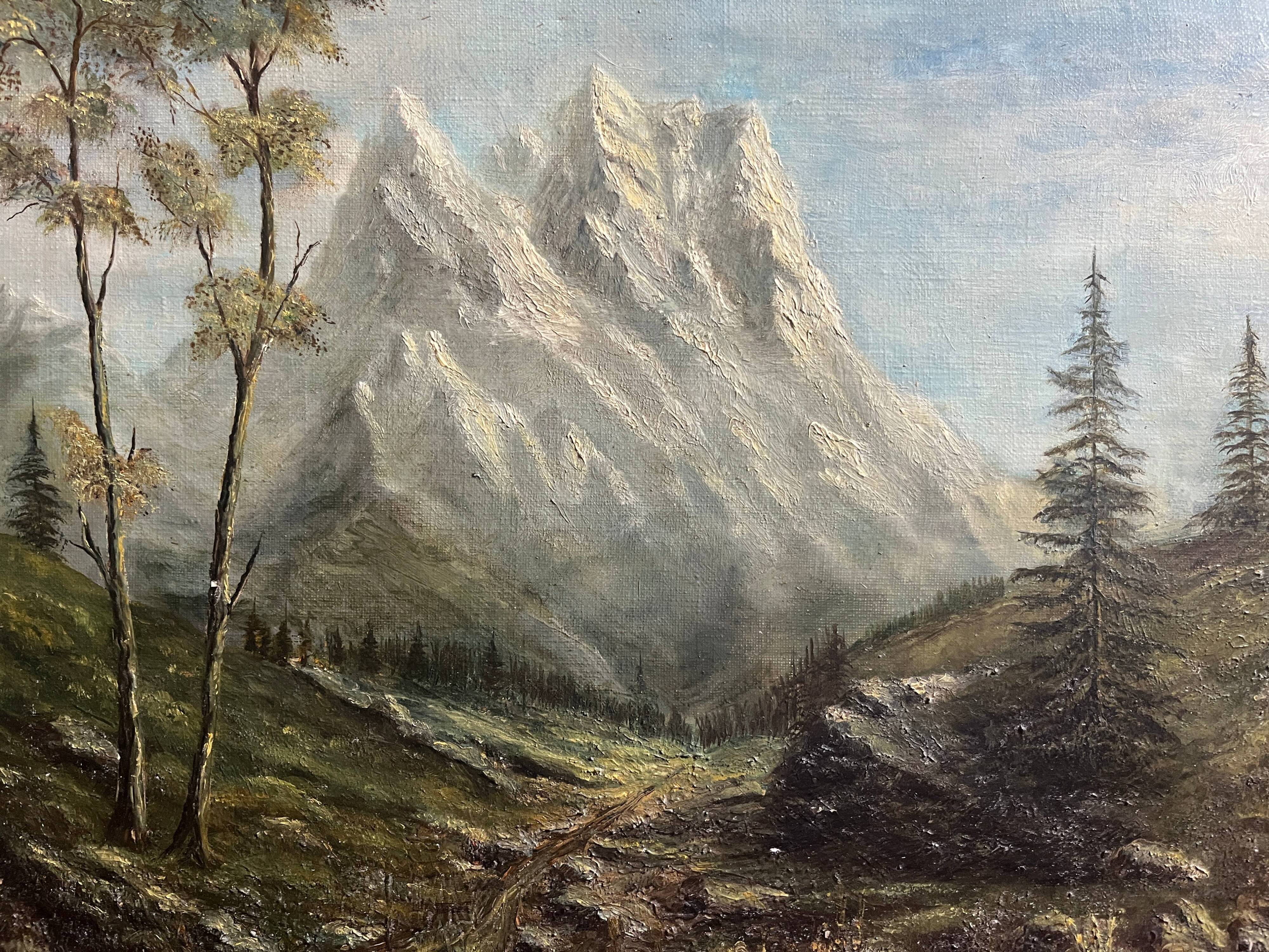 Mountain painting with path between trees signed Dumenil