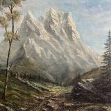 Mountain painting with path between trees signed Dumenil