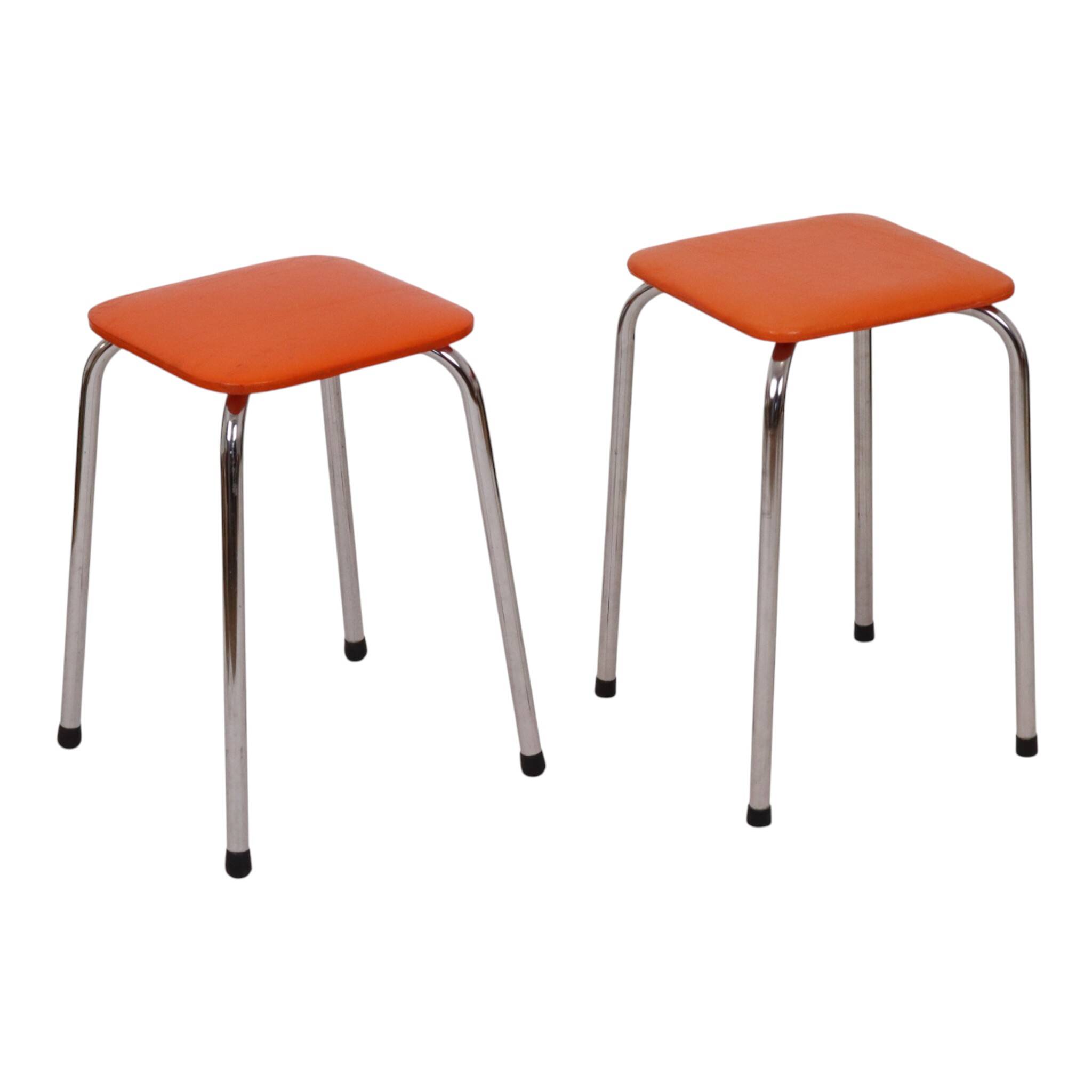 Set of 2 Stools Orange Faux Leather Chrome Base Sixties