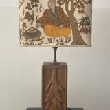 Wooden lamp with carved plant decoration from 1930-50, sold with a 1970 lampshade.