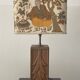 Wooden lamp with carved plant decoration from 1930-50, sold with a 1970 lampshade.
