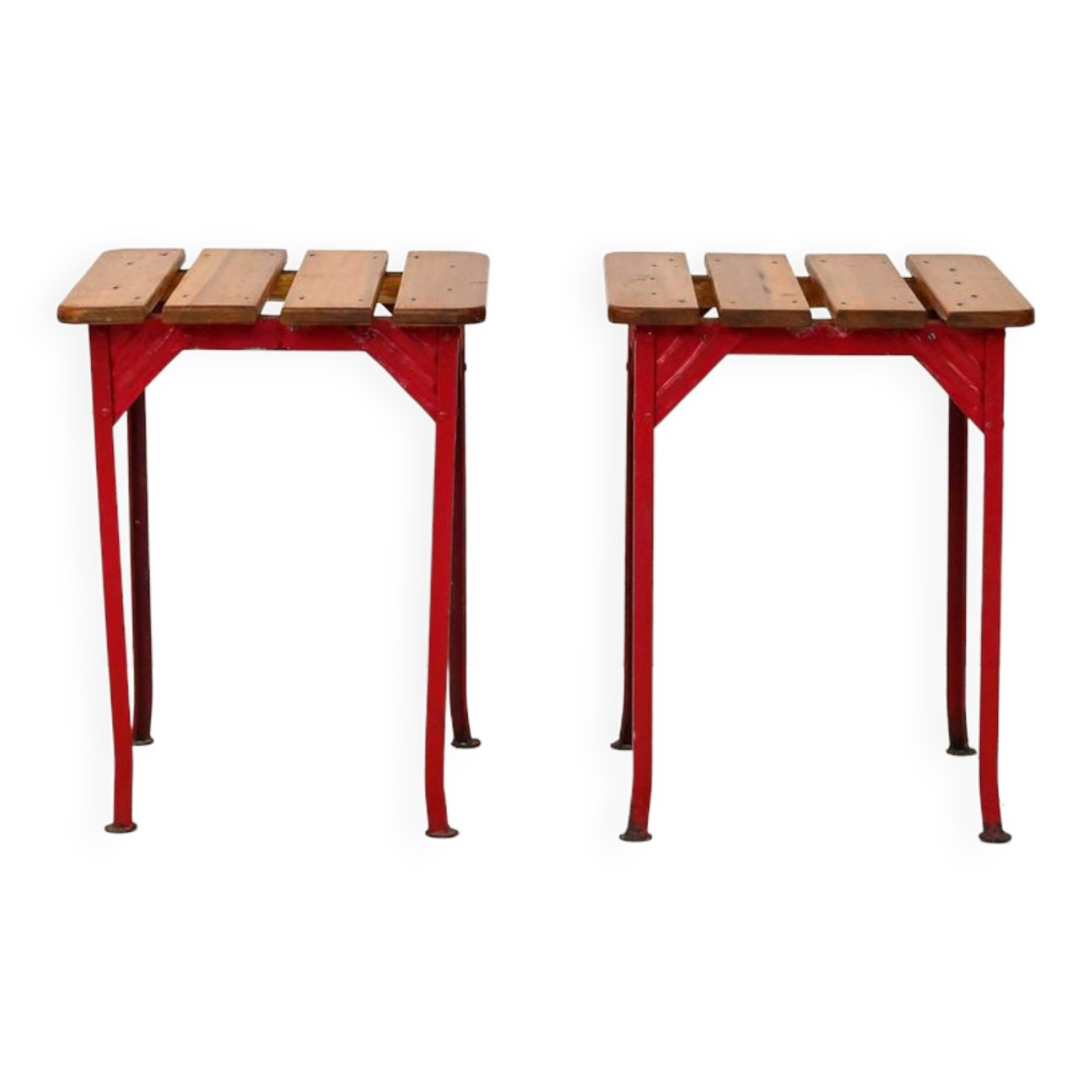 Pair of red metal and wood stools