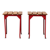 Pair of red metal and wood stools