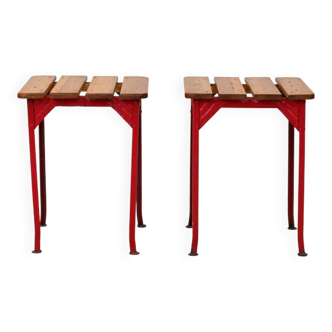 Pair of red metal and wood stools