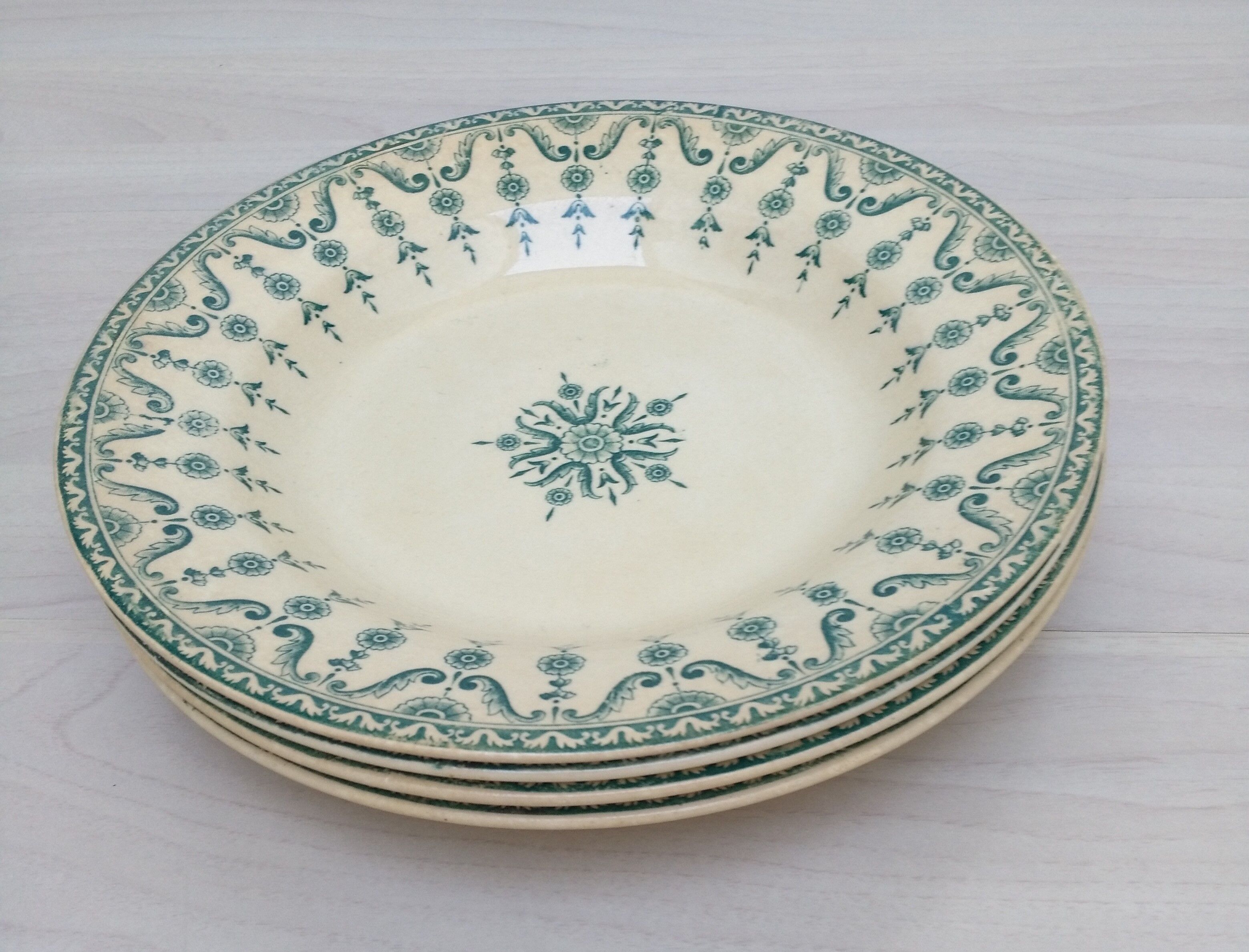 Lot of 4 hollow plates in opaque porcelain from Gien Iron Land model "Florentin" green