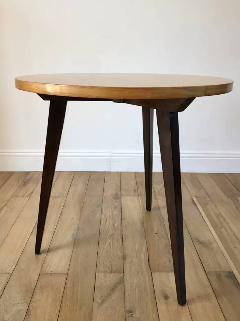 Tripod coffee table in wood and two-tone marquetry Scandinavian design 50s-60s