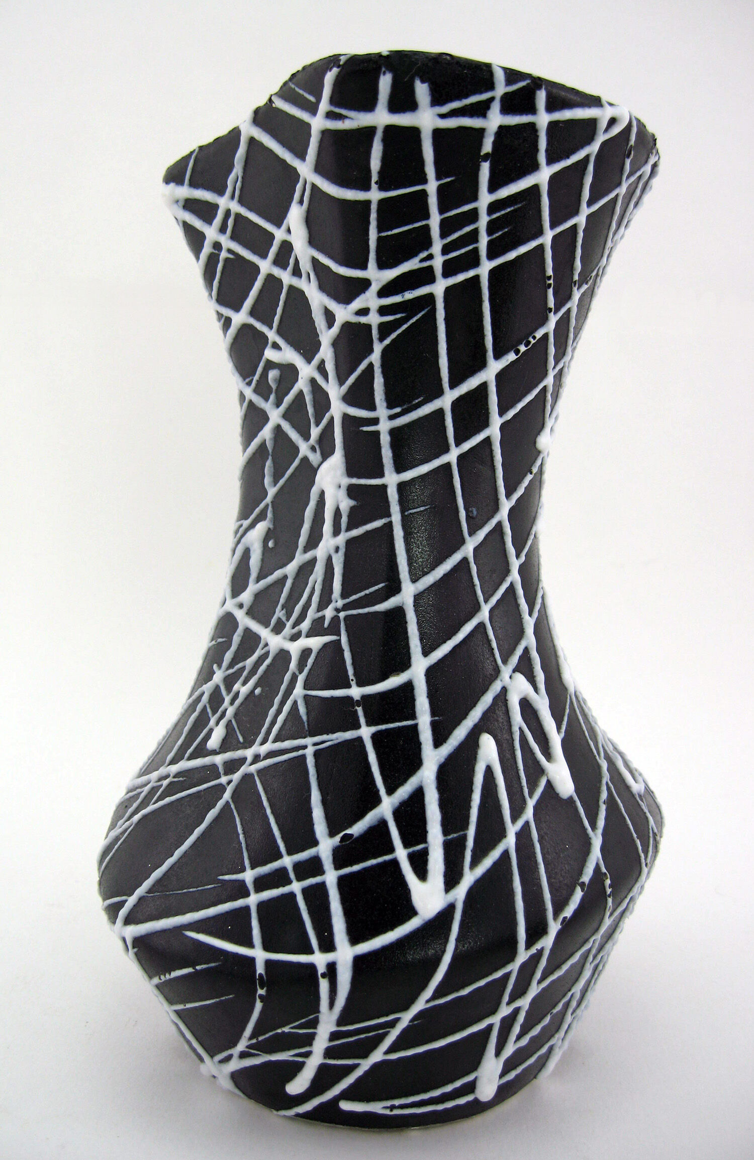 Black ceramic vase, white spaghetti patterns Vallauris France vintage 50s