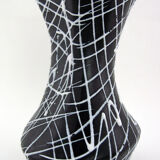 Black ceramic vase, white spaghetti patterns Vallauris France vintage 50s