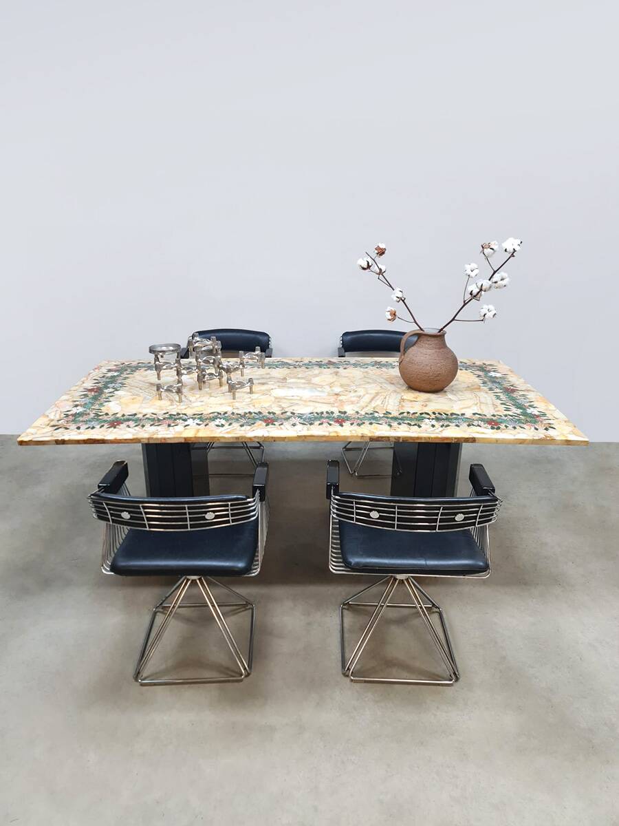 Italian vintage onyx marble floral dining table 'Edelweiss'