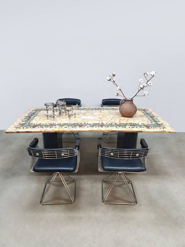 Table à manger vintage italienne en marbre, onyx avec motif floral « Edelweiss »