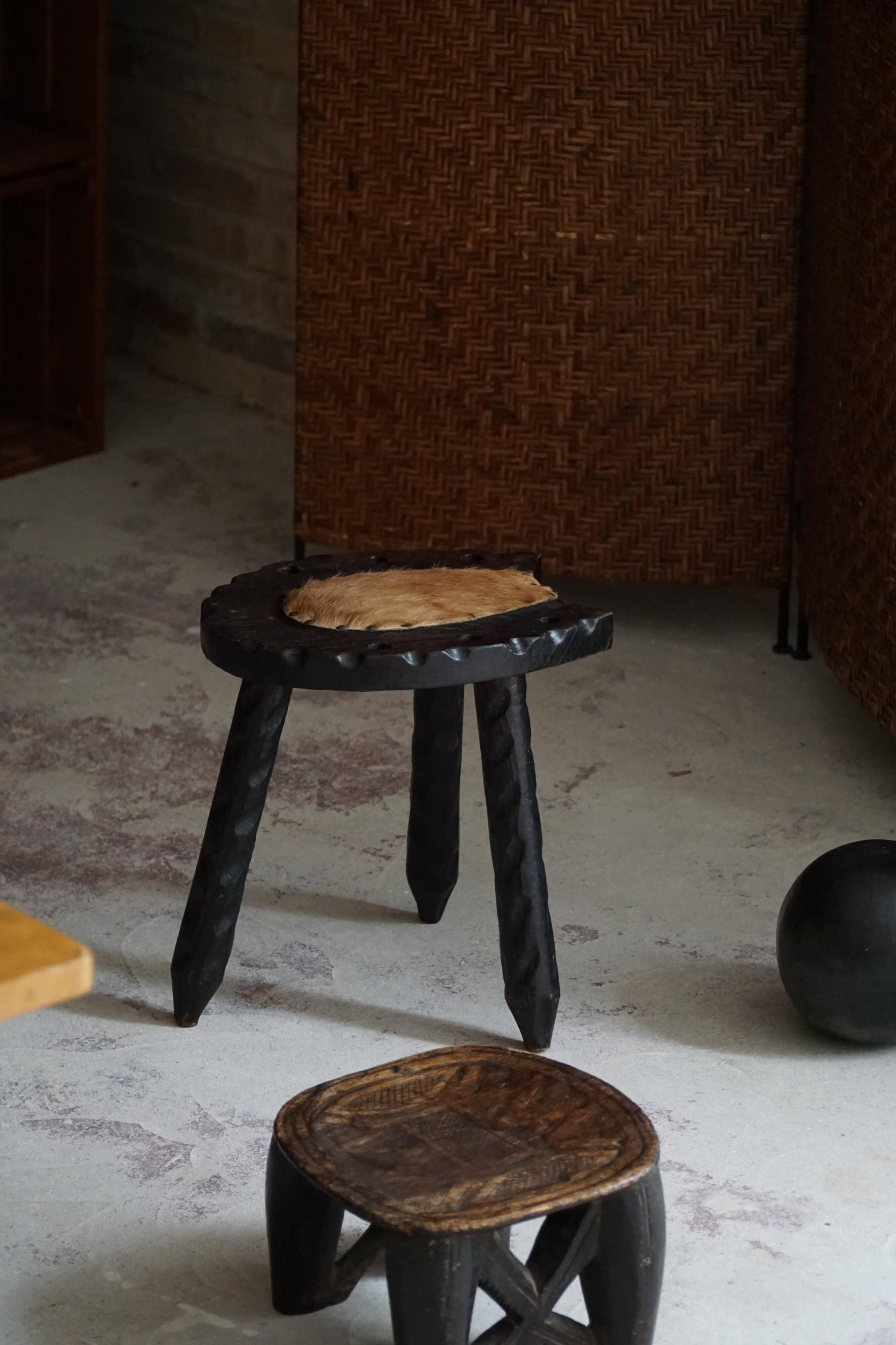 Swedish tripod stool in pine and cowhide, Wabi Sabi, 1950s
