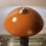 Large carved wooden lamp and mushroom lampshade
